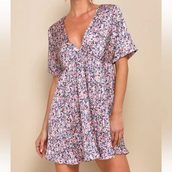 Lulus Express Yourself Blush Pink Floral Print Satin Babydoll Dress - Picture 1 of 6